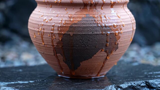 Rustic terracotta pot with dripping water, dark burnt patch, rough texture, outdoor setting with dark stone background, natural lighting