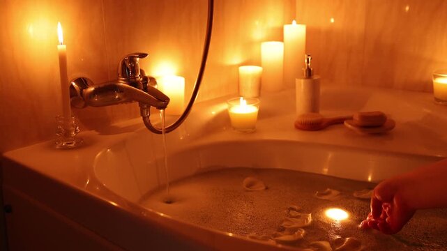 Romantic atmosphere. Woman putting burning candle into bathtub with petals, soap and brush in bathroom, closeup