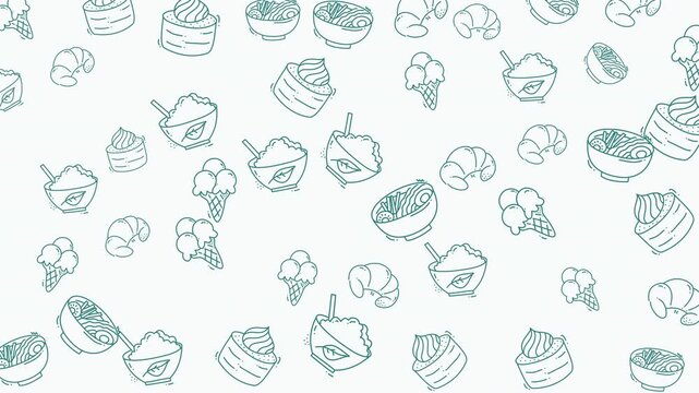 A handdrawn seamless pattern featuring various food elements, including desserts, meals, and culinary items, perfect for backgrounds, textiles, or any food-related design project.