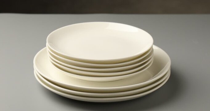 Woman stacking clean dishware and putting beautiful flower onto it at grey table, closeup