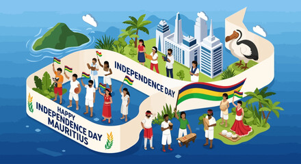 People celebrating Mauritius Independence Day with flags and a dodo illustration. © Rendi