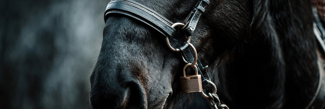 Dark horse head close-up, calm expression. Metal bridle with lock detail. Soft focus background enhances subject. Ideal for rustic, equestrian, or tranquil themes. No people visible