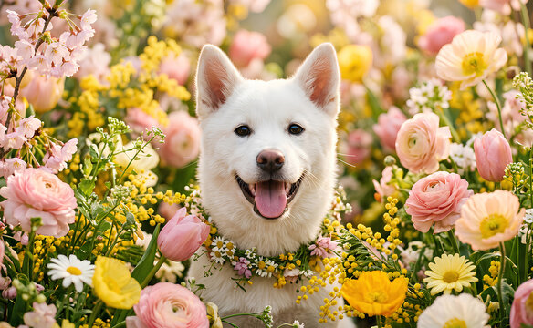 A lovely Korean Jindo dog surrounded by spring flowers.