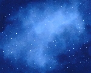 Fototapeta premium Peaceful winter night sky watercolor background, starry galaxy with snowflakes, misty clouds, cosmic stars, abstract landscape, frozen frost, elegant celestial illustration, dreamy blue universe art