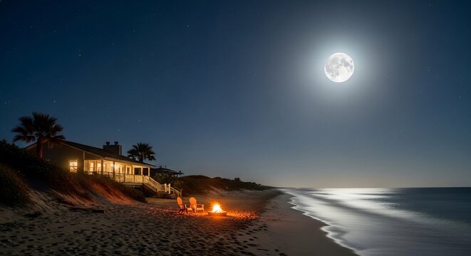 Beach night scene moonlit coastline