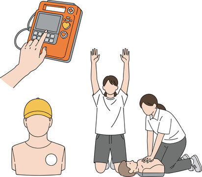 CPR Training and First Aid Emergency Response Illustration Set with AED Defibrillator, Chest Compression Practice, Rescue Procedure and Medical Safety Education Concepts