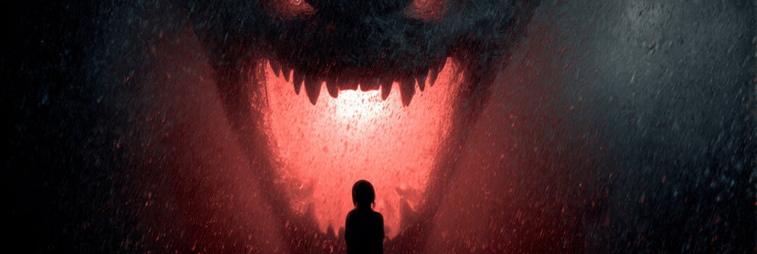 Silhouette stands before monstrous, gaping maw. Red glow pulses from teeth and throat. Rain falls heavily around the figure. Fear grips the lone human in the dark