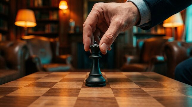 A business person moving a black queen chess piece on a wooden board