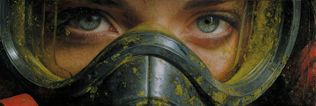 Greedy eyes peek through a grimy, yellow-tinted mask. The mask shows signs of dirt, grime, and wear. The person's gaze reflects intensity and resolve