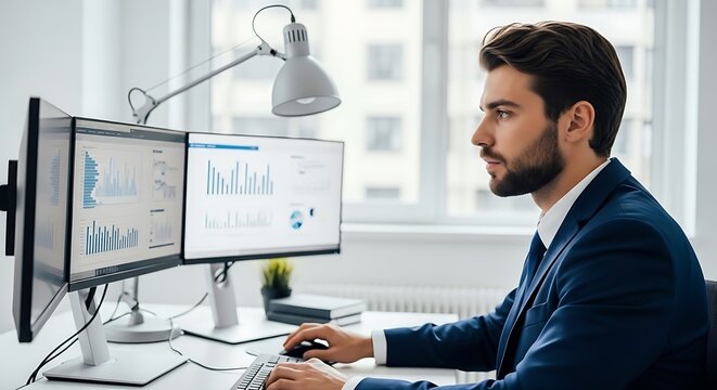 Young businessman analyzing financial charts on dual computer monitors in a modern office setting