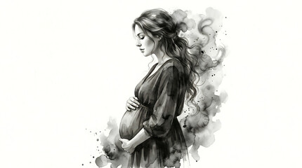 Fototapeta premium Pregnant Woman Holding Belly, Artistic Watercolor Illustration, Expecting Motherhood