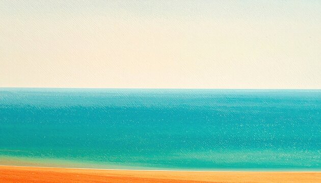 Paisaje costero abstracto con franjas horizontales de color turquesa, arena naranja y un cielo despejado en un estilo minimalista y relajante.