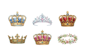 Set of watercolor crown icons, royal tiara and floral wreath illustrations on white background © Dwi