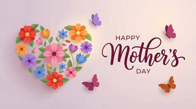 Happy Mother's Day heart with colorful flowers and butterflies, elegant typography.