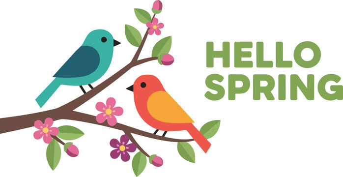 Hello Spring greeting design with colorful birds perched on a blooming floral tree branch illustration
