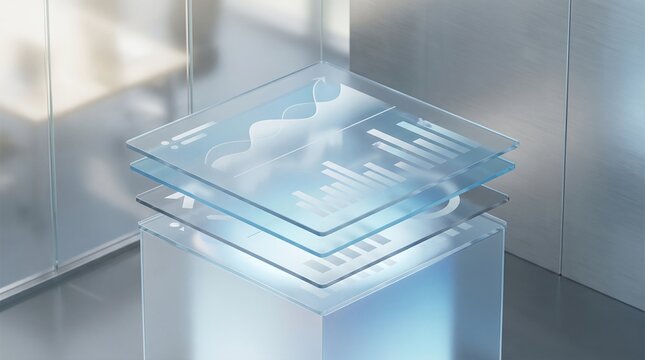 Futuristic glass cube display featuring holographic financial data charts and analytical graphs floating above a transparent platform within a modern professional corporate office environment