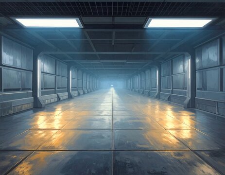 Interior de un pasillo futurista de nave espacial con iluminaci&oacute;n brillante y reflejos en el suelo met&aacute;lico, dise&ntilde;o de ciencia ficci&oacute;n avanzado.