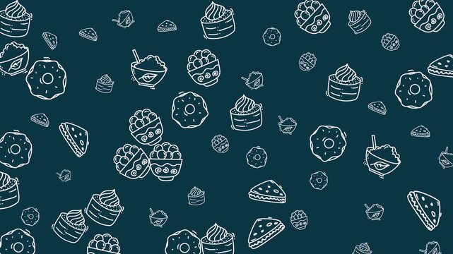 Seamless pattern featuring hand-drawn line art of various food and drink items. Great for backgrounds, textiles, and more.