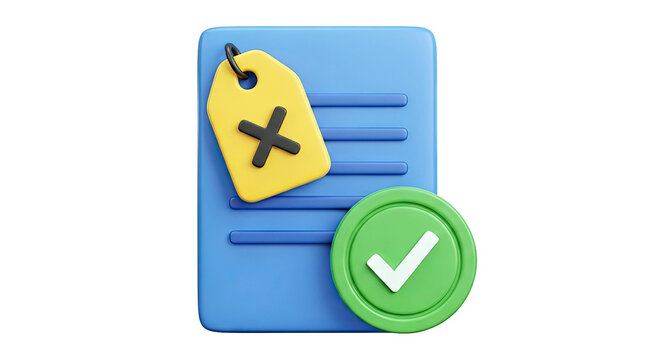 3D Icon: Tag with X, Document, and Checkmark