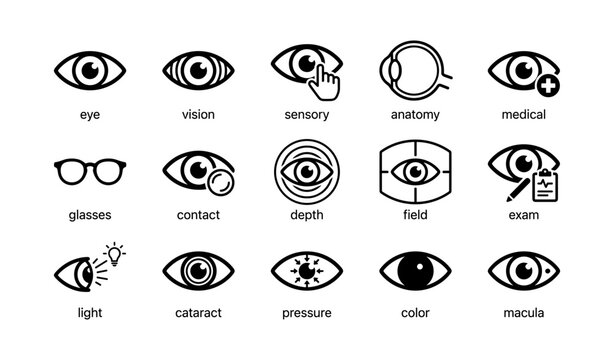 Eye icons: vision, sensory, anatomy, and medical symbols