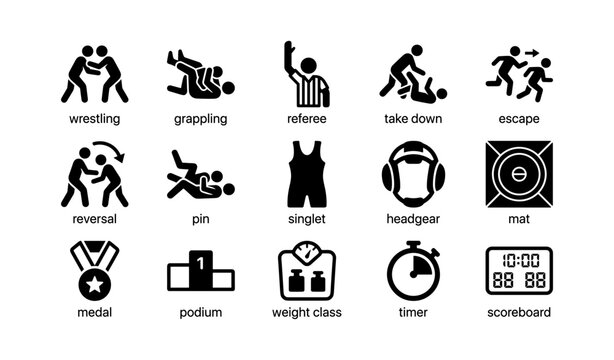 Wrestling icons: referee, singlet, mat, timer, medal, scoreboard, headgear