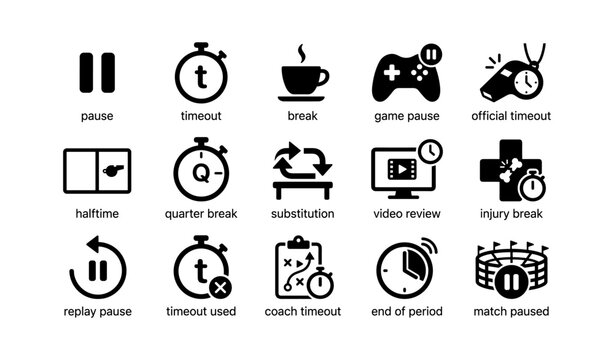 Sports timeout and break icons: game, halftime, substitution, pause, review