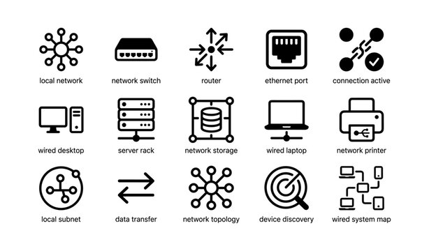 Network icons: switch, router, ethernet, server rack, connection