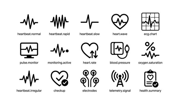 Heartbeat icons set: normal, rapid, slow, wave, ecg, monitor, pressure, oxygen