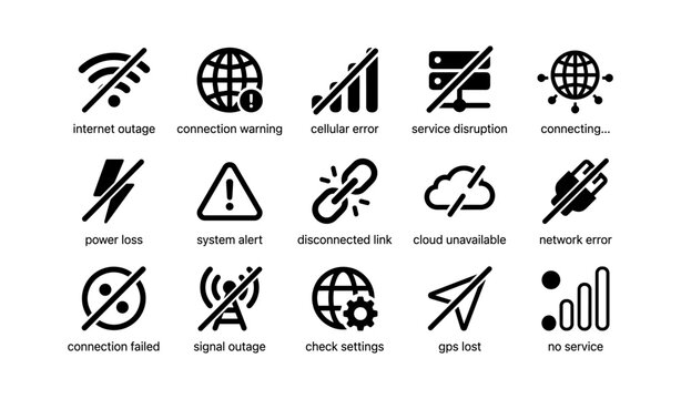 Internet connectivity issues icons: outage, warning, error, disruption, unavailable