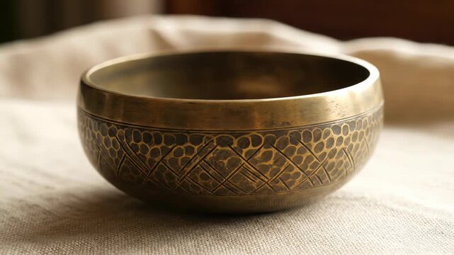 Traditional Tibetan singing bowl with intricate etched patterns, wooden striker resting inside, symbolizing meditation, healing, and spiritual practice