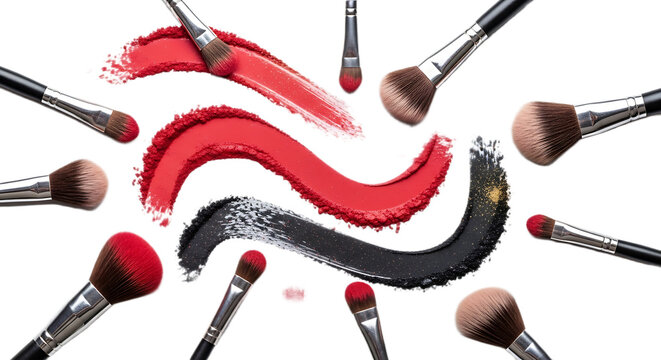 A collection of makeup brushes with red and black lipstick swatches on a dark background 2026 black friday concept in Abstract art red and black colors in transparent background