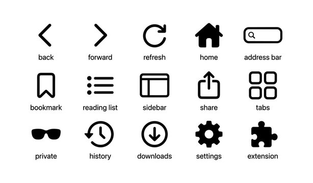 Web browser icons: navigation, tools, downloads, and settings symbols