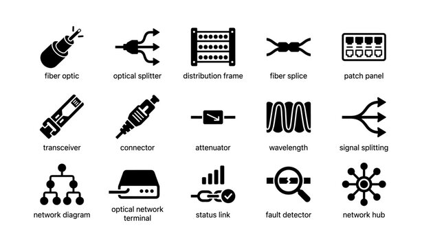 Fiber optic network components and symbols for connectivity and communication