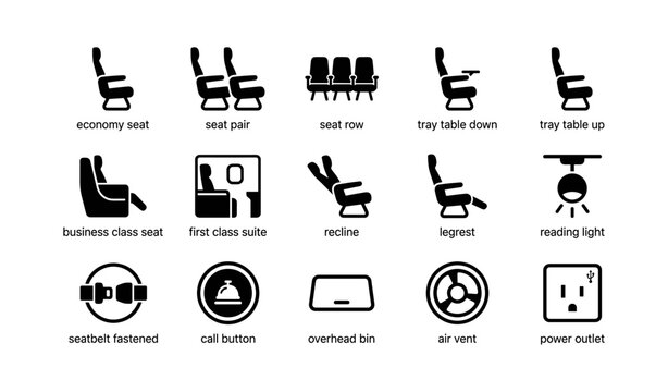 Airplane cabin icons: seating, features, and comfort elements