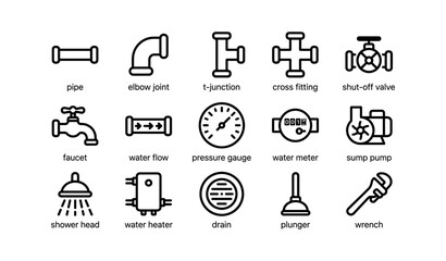 Fototapeta premium Plumbing icons: pipe, elbow joint, valve, faucet, pressure gauge, wrench