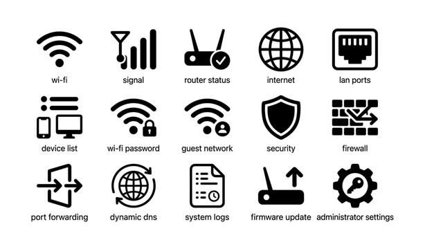 Wi-fi and network icons: signal, router, security, internet, ports