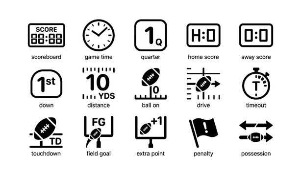 American football icons set: scoreboard, game time, touchdown, penalty, timeout, possession