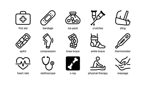 Medical equipment icons set featuring first aid, crutches, and thermometer