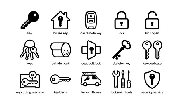 Icons of keys, locks, and security tools including car remote and skeleton key