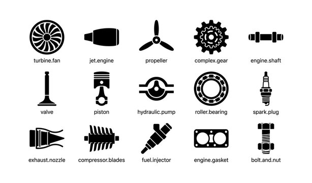 Set of industrial engine parts icons in black silhouettes