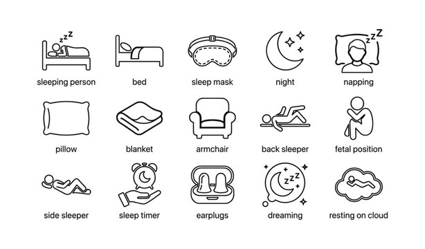 Sleep icons: pillow, blanket, armchair, sleep mask, bed, moon, cloud, dreaming