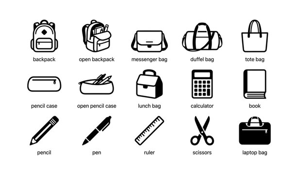 Collection of school and office bags and supplies icons