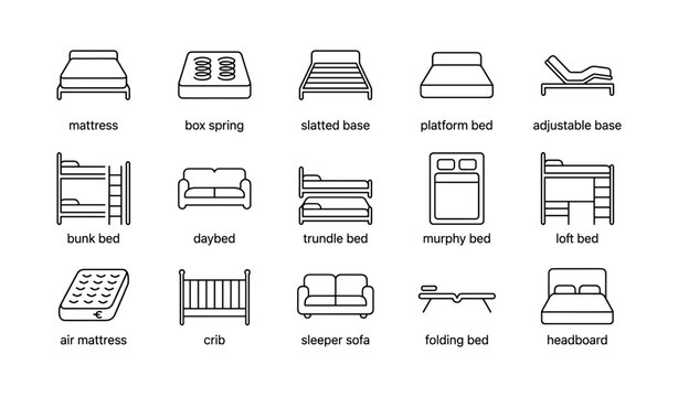 Collection of various bed types and styles in black line icons