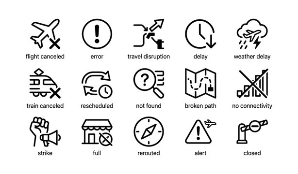 Travel disruption icons: flight cancelation, delay, error, weather impact