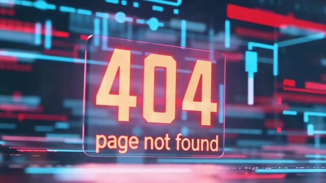 This depicts a 404 error page on a futuristic digital background with neon lights, representing technical difficulties and online connectivity issues.