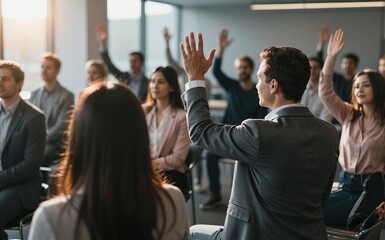 Obraz premium Diverse professionals raise hands in modern conference room engaging
