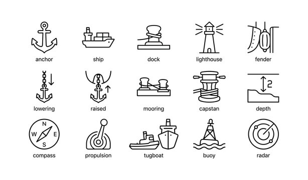 Nautical icon set featuring anchor, ship, lighthouse, and navigation symbols
