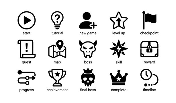 Video game icons set: start, level up, quest, boss, achievement, reward, timeline