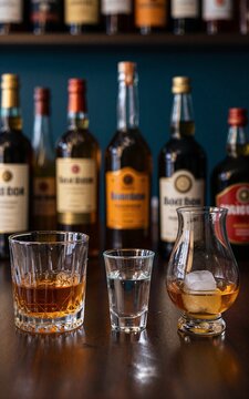 Whiskey bottles line shelves behind glasses filled with spirits and