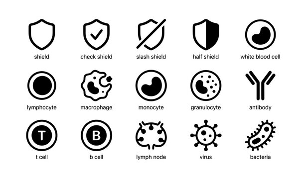 Medical icons: shields, cells, and pathogens in healthcare